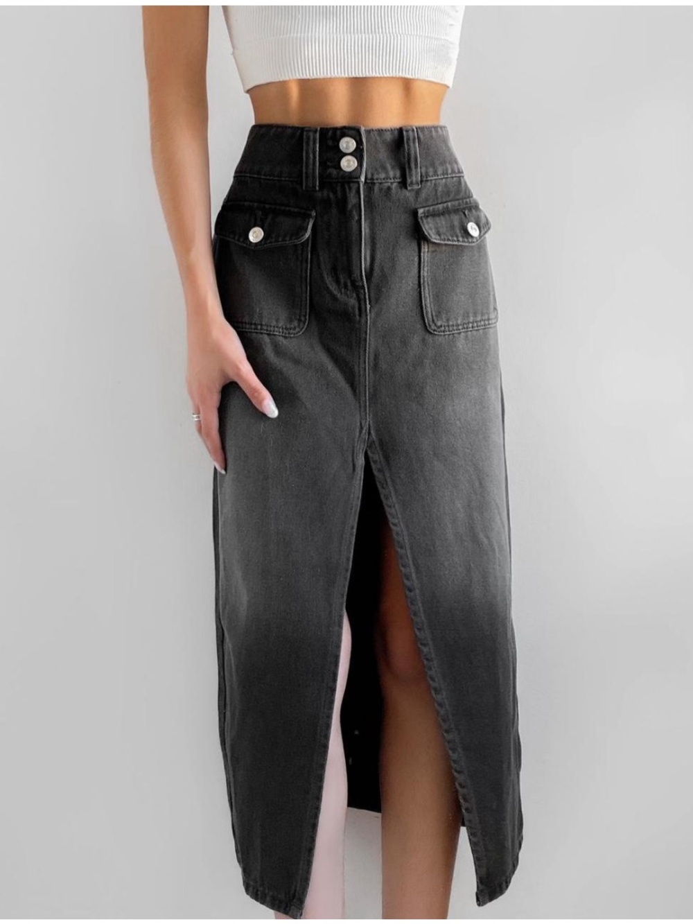 Free People Madison Midi Denim Skirt Front Slit in Black Size 30